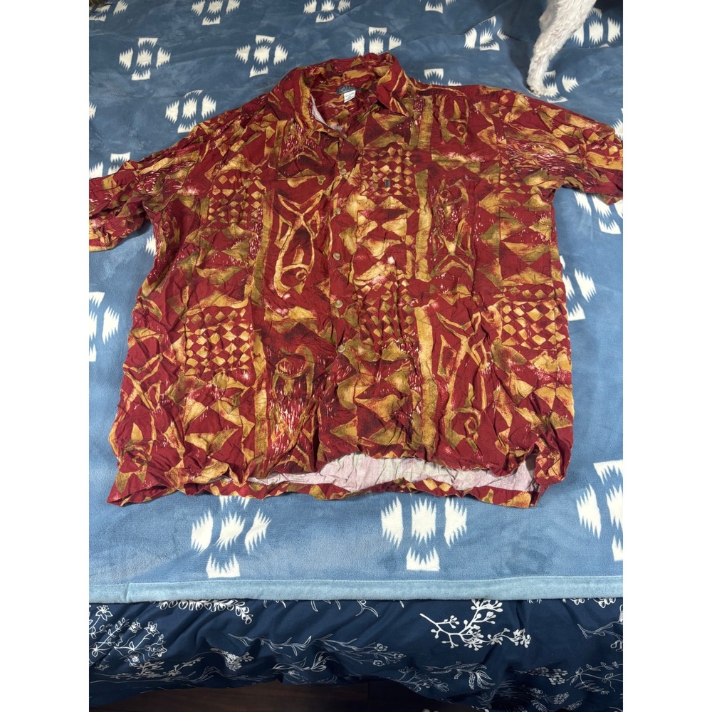 Kahala Mens XL Red Gold Abstract Geometric Rayon Hawaiian Shirt Hawaii Made